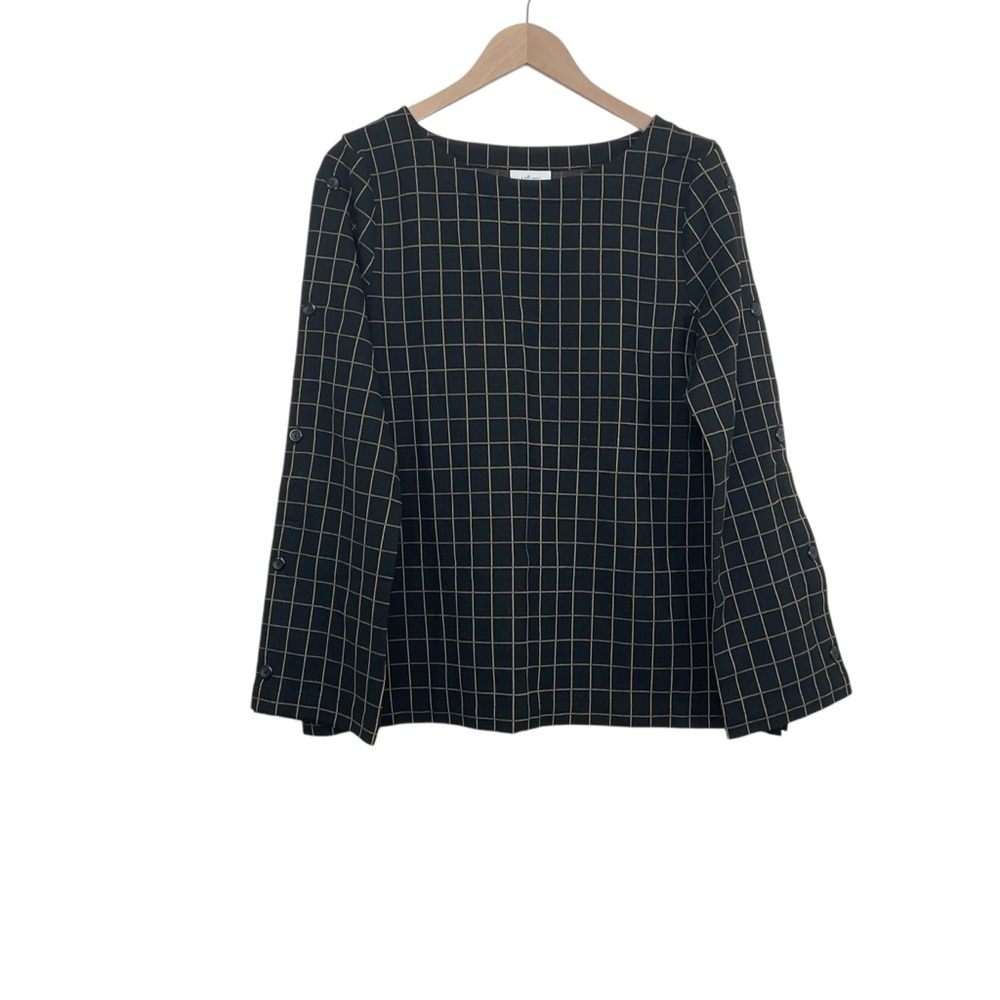 J. Jill Windowpayne Ponte Top Black Long Sleeve Size Medium